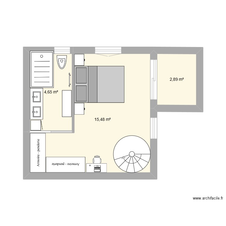 1 er étage. Plan de 3 pièces et 23 m2