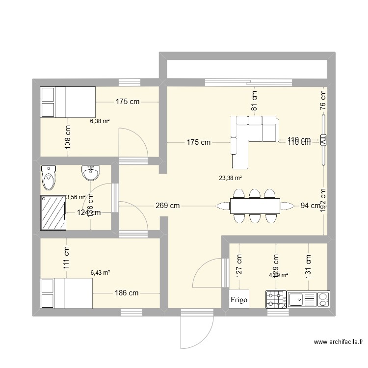 appart model 1. Plan de 5 pièces et 45 m2