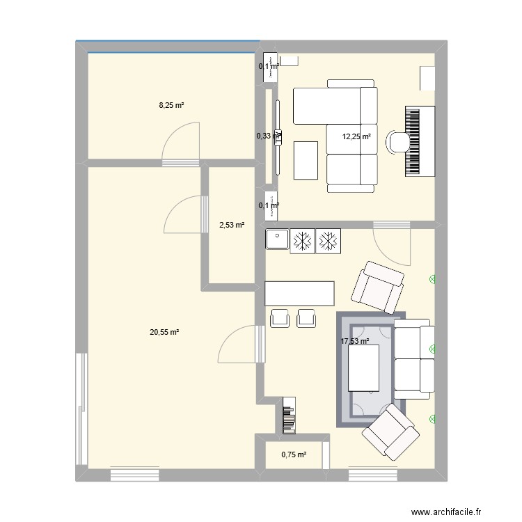 Chambre, Salle de Bain, Salon-Bar. Plan de 9 pièces et 62 m2