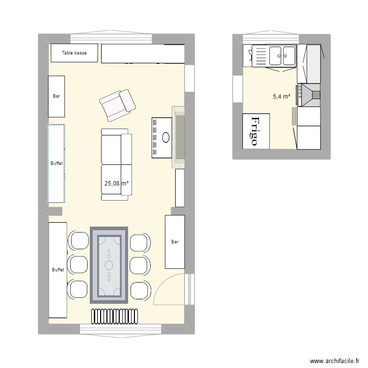 cuisine et living duplicata. Plan de 2 pièces et 30 m2