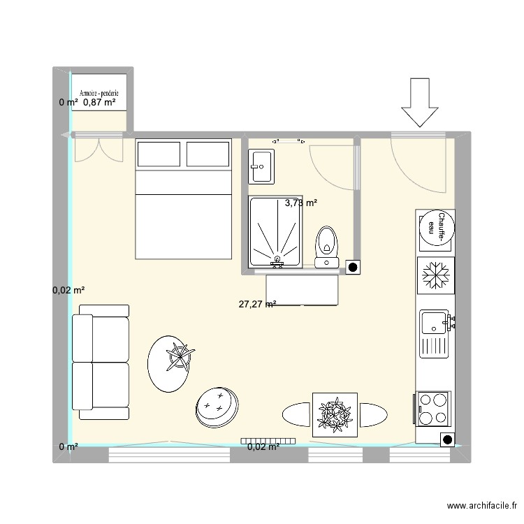 Studio SD modifié. Plan de 7 pièces et 32 m2