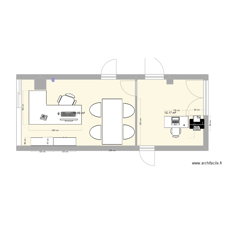 réaménagement bureau P.Therrasse V2. Plan de 2 pièces et 33 m2