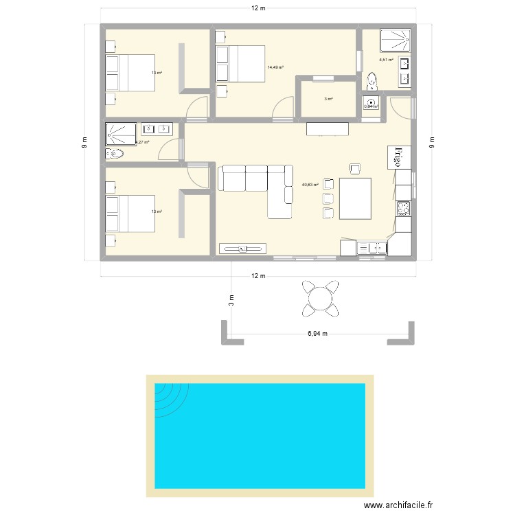 maison 100m² + terrasse 20 m² mod 2 RS. Plan de 8 pièces et 94 m2