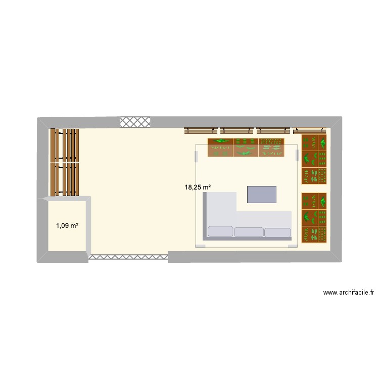 Terasse. Plan de 2 pièces et 19 m2