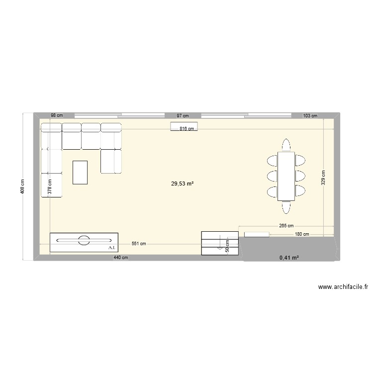 salon. Plan de 2 pièces et 30 m2