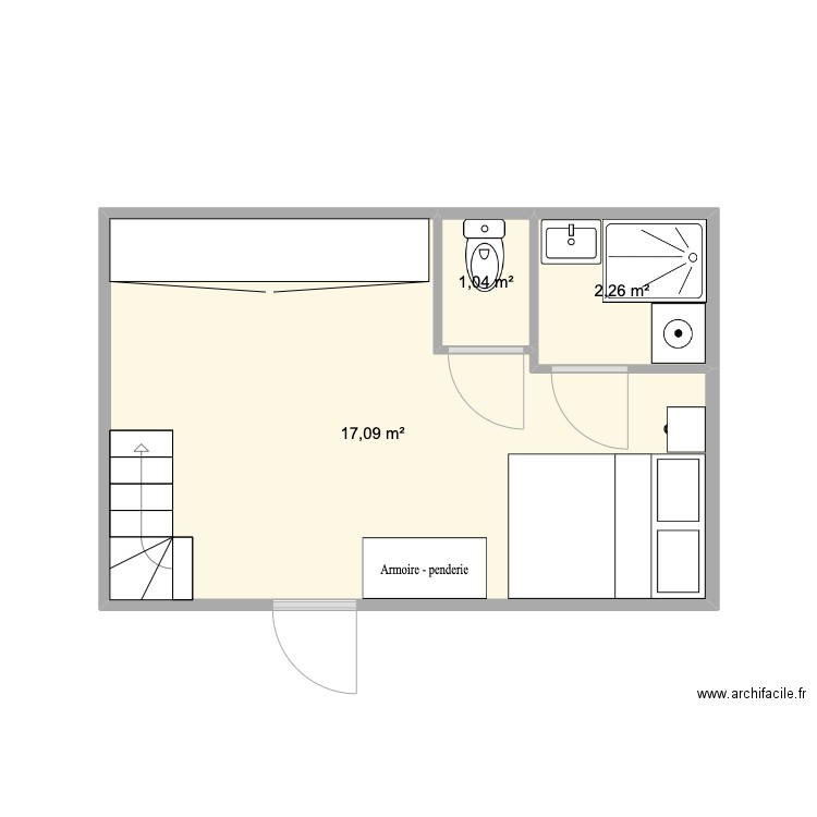 Studio. Plan de 3 pièces et 20 m2