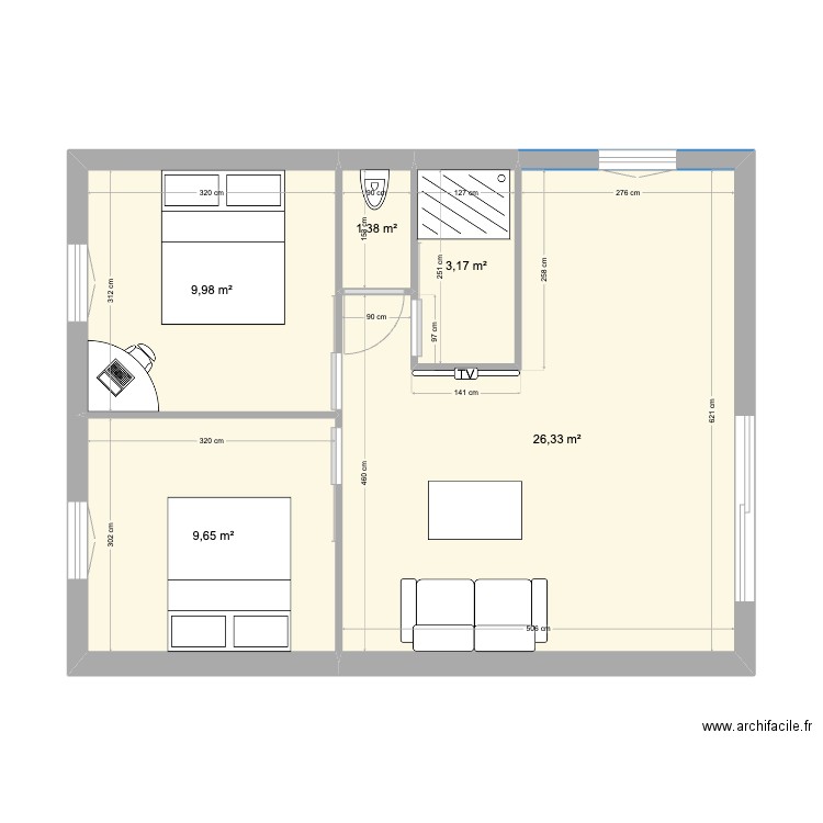 Plan T3. Plan de 5 pièces et 51 m2