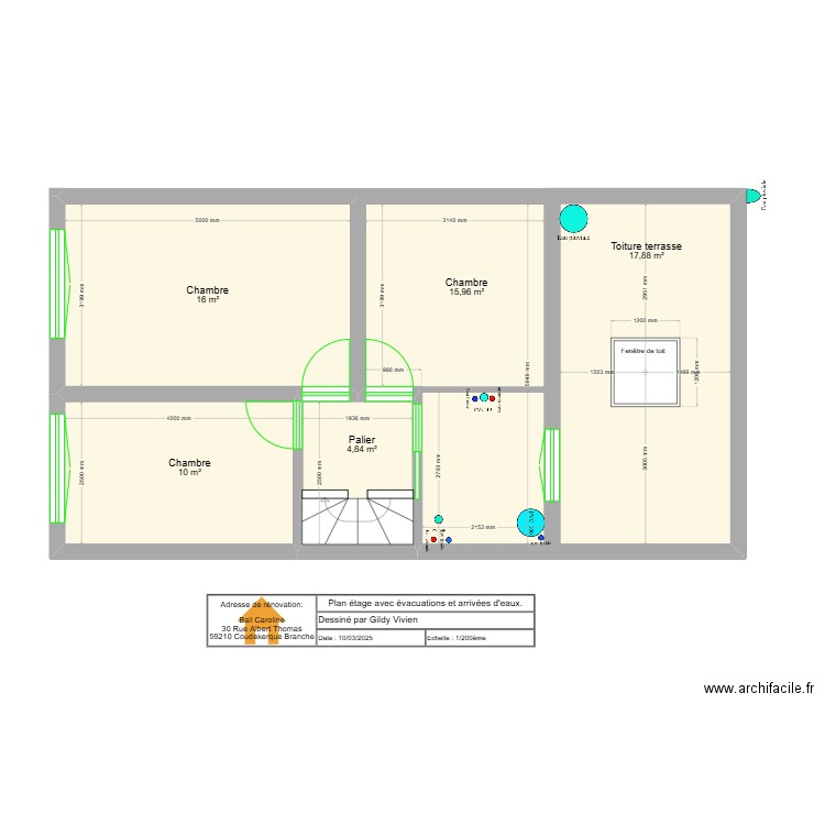 Plan étage avec évacuations et arrivées d'eaux.. Plan de 5 pièces et 65 m2