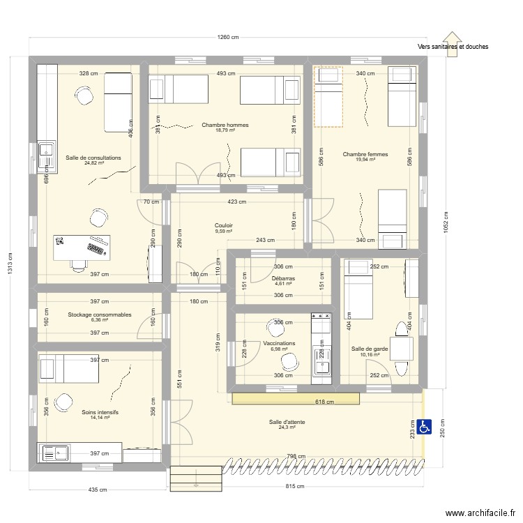 Dispensaire V3. Plan de 10 pièces et 140 m2