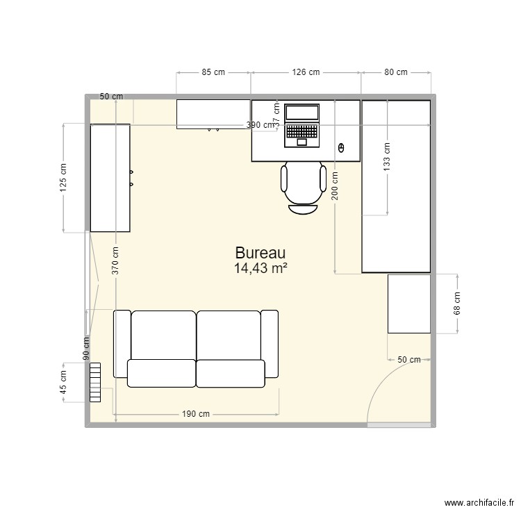 Bureau. Plan de 1 pièce et 14 m2