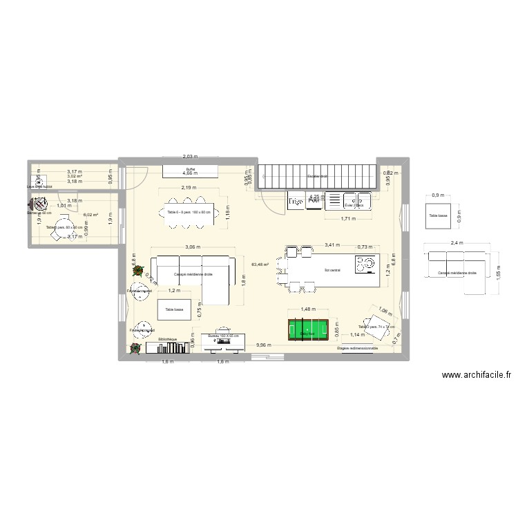 Plan salon. Plan de 3 pièces et 72 m2