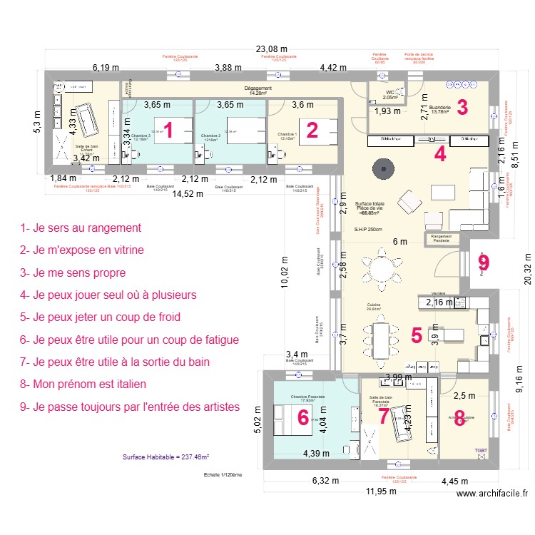 plan maison version anniversaire. Plan de 5 pièces et 213 m2