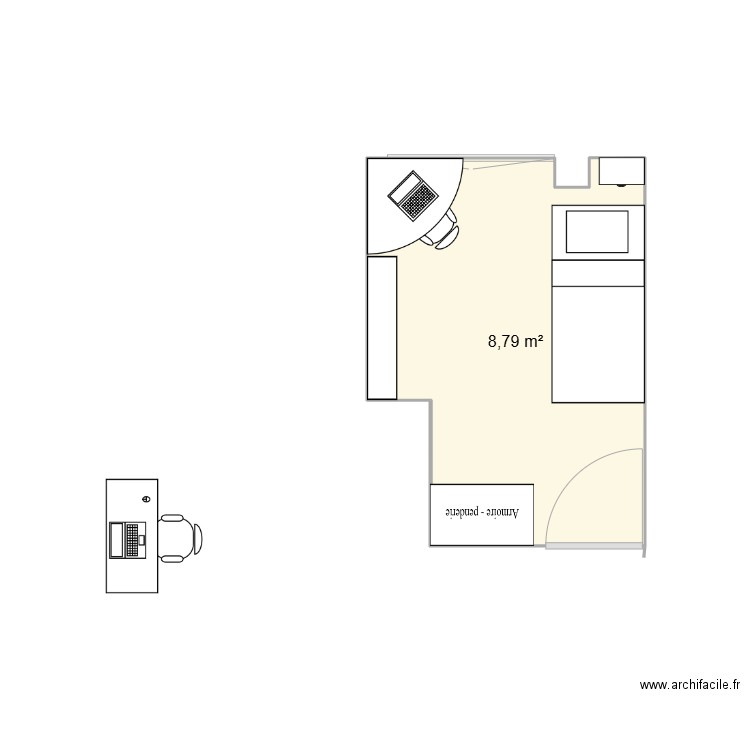 chambre V. Plan de 1 pièce et 9 m2