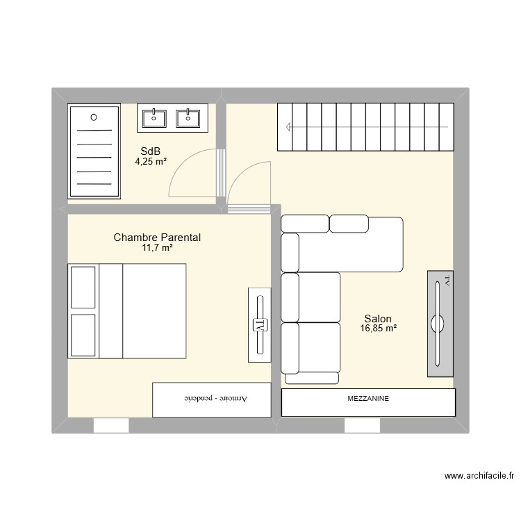 1er étage. Plan de 3 pièces et 33 m2