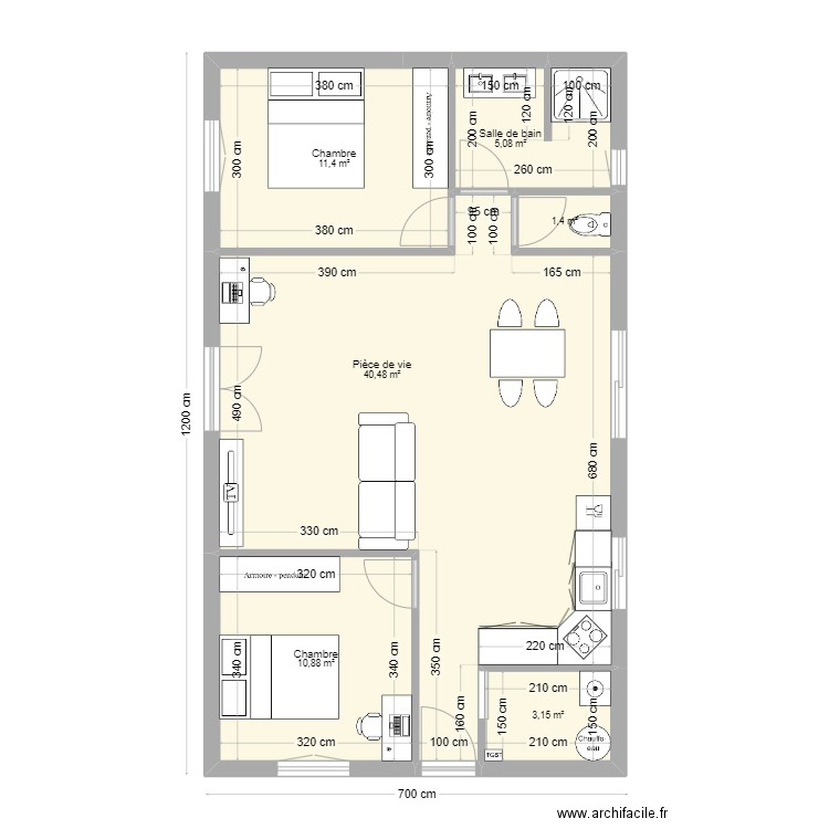 7 x 12 . Plan de 6 pièces et 72 m2