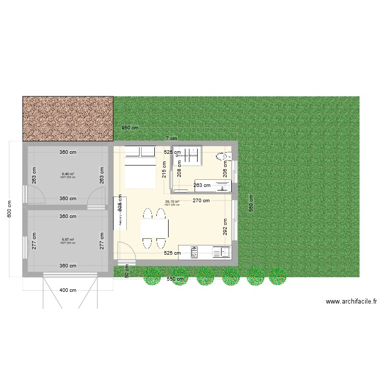 extension. Plan de 3 pièces et 46 m2