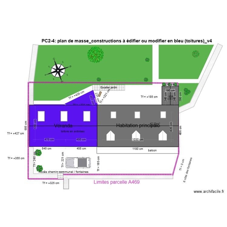 PC2-3_plan de masse_constructions à édifier en bleu (toitures)_v4. Plan de 3 pièces et 63 m2