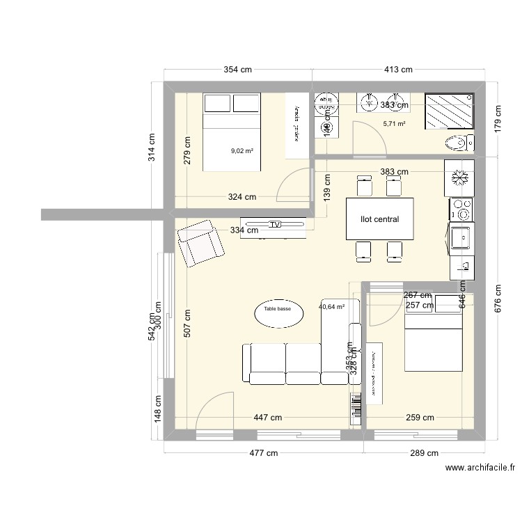 123. Plan de 3 pièces et 55 m2