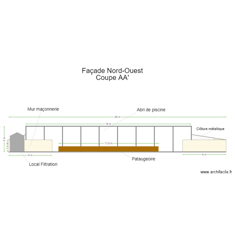 Extension piscine - coupe AA' - actuel. Plan de 0 pièce et 0 m2