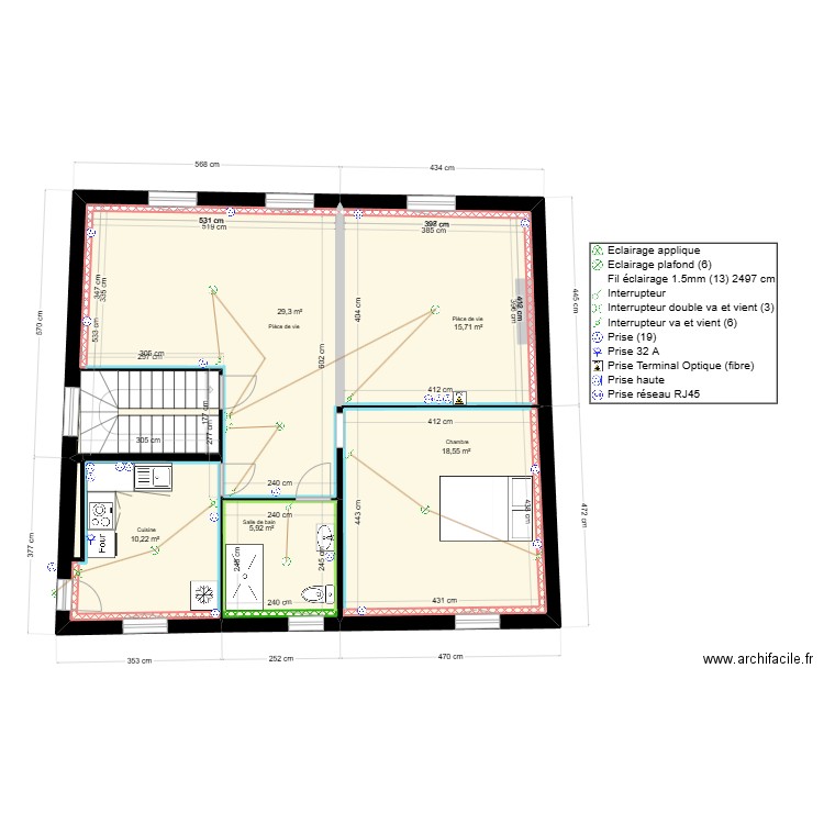 BOIS Electricité. Plan de 5 pièces et 80 m2