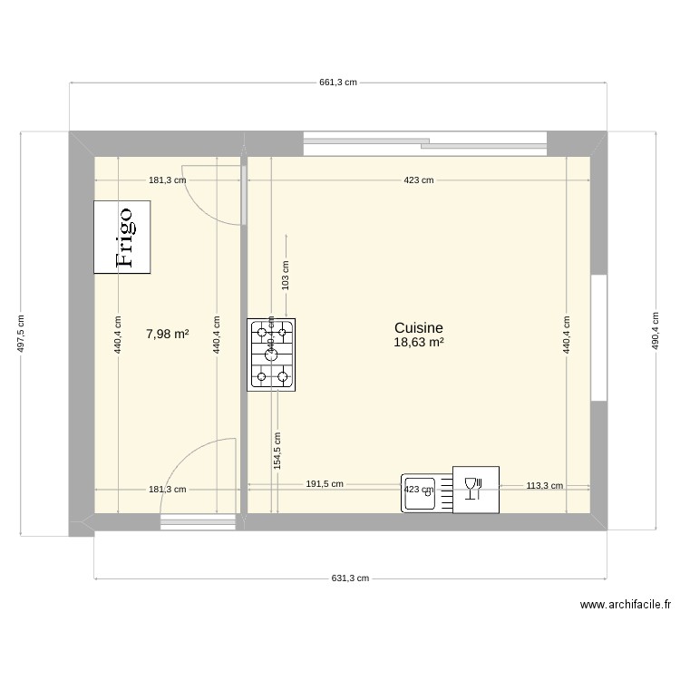 CUISINE . Plan de 2 pièces et 27 m2