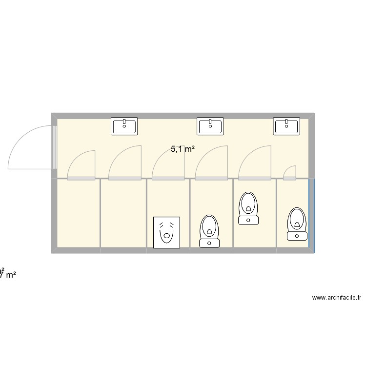 Toilettes Casa Tamam. Plan de 7 pièces et 11 m2