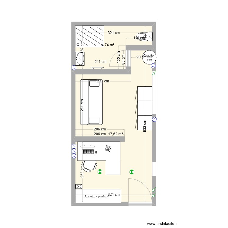 bureau . Plan de 2 pièces et 22 m2