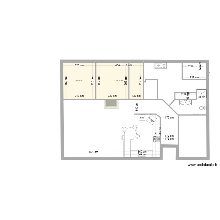 Rez chaussée 10 après aménagement. Plan de 2 pièces et 28 m2