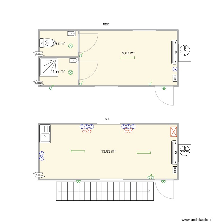 Base Navale 2 modules R+1. Plan de 4 pièces et 27 m2