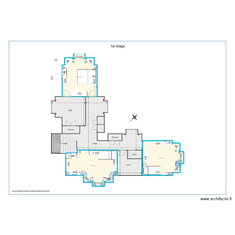 Maison R+1. Plan de 3 pièces et 50 m2