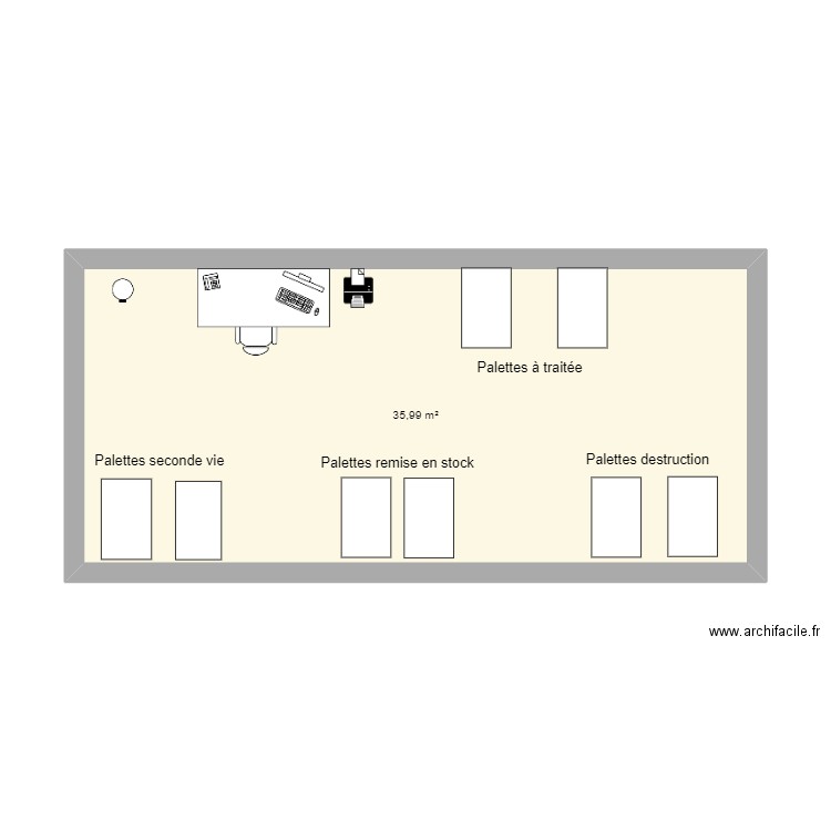 zone retour . Plan de 1 pièce et 36 m2