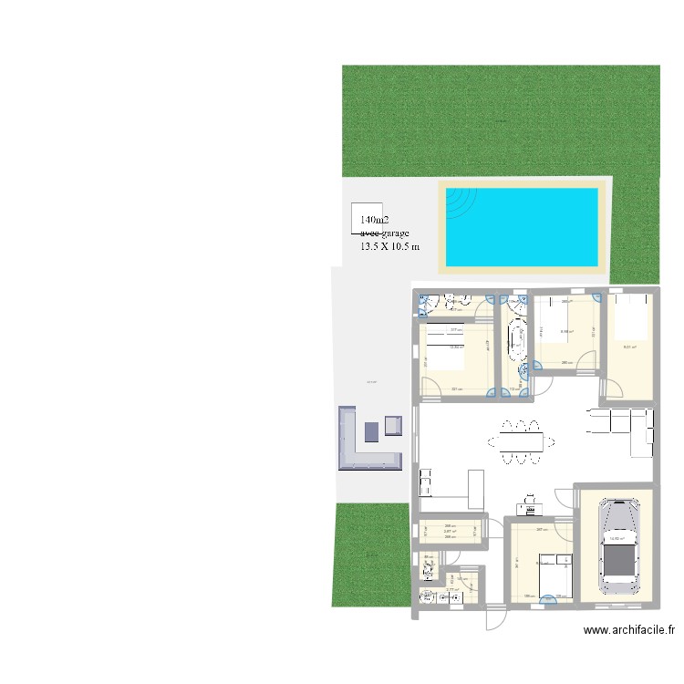 plan rectangle . Plan de 9 pièces et 67 m2