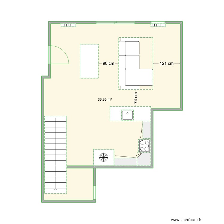 Piece à vivre appart. Plan de 1 pièce et 37 m2