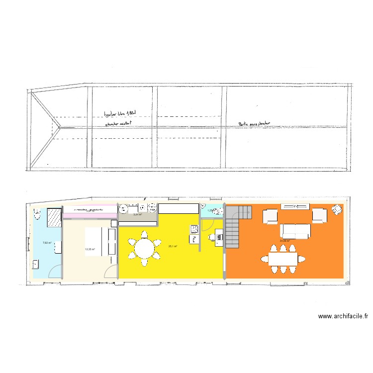 rdc aménagement. Plan de 7 pièces et 87 m2