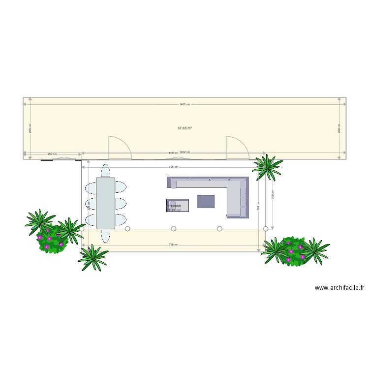 terrasse. Plan de 2 pièces et 69 m2