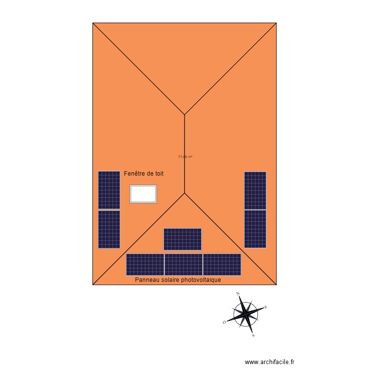 Toiture Avec Panneau solaire et Velux. Plan de 1 pièce et 72 m2