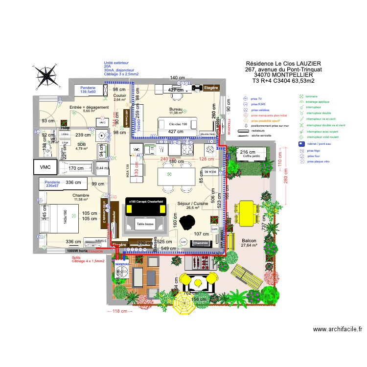 T3 C3404 _ Résidence Le Clos Lauzier 4 (cuisine 2,4m choix 2 avec clim). Plan de 8 pièces et 91 m2