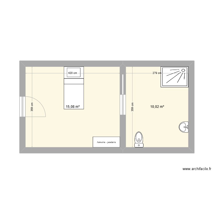 chambre PMR. Plan de 2 pièces et 25 m2