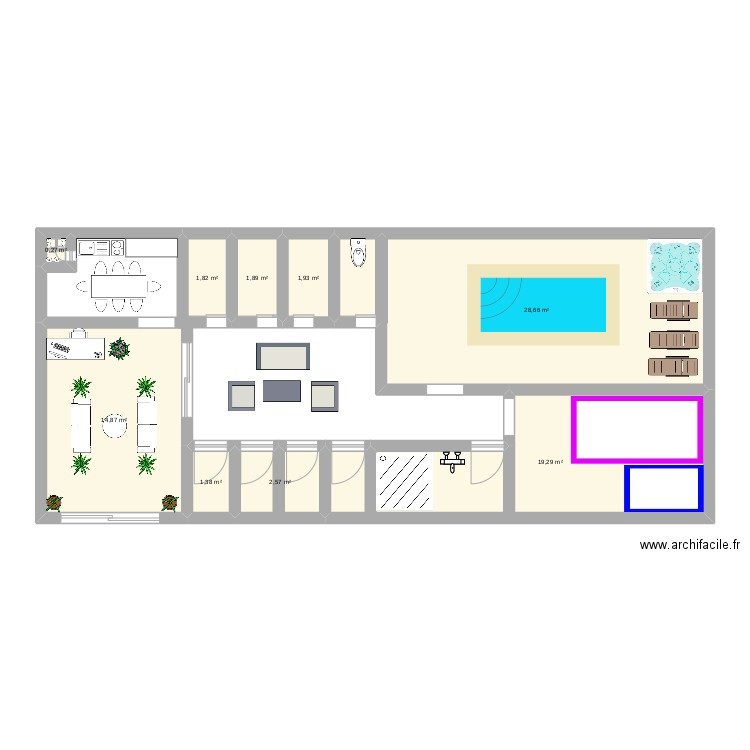 wellness. Plan de 9 pièces et 73 m2