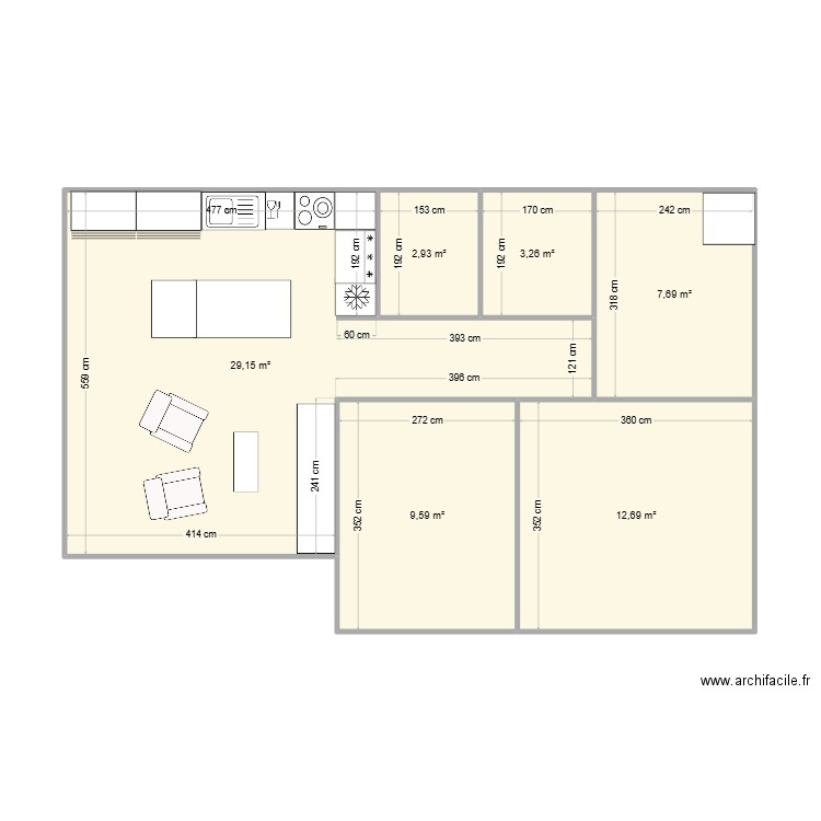 trois. Plan de 6 pièces et 65 m2