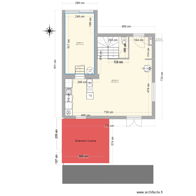 La roque Extension. Plan de 3 pièces et 52 m2