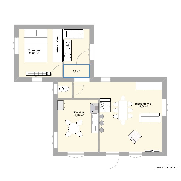 RDC. Plan de 4 pièces et 39 m2