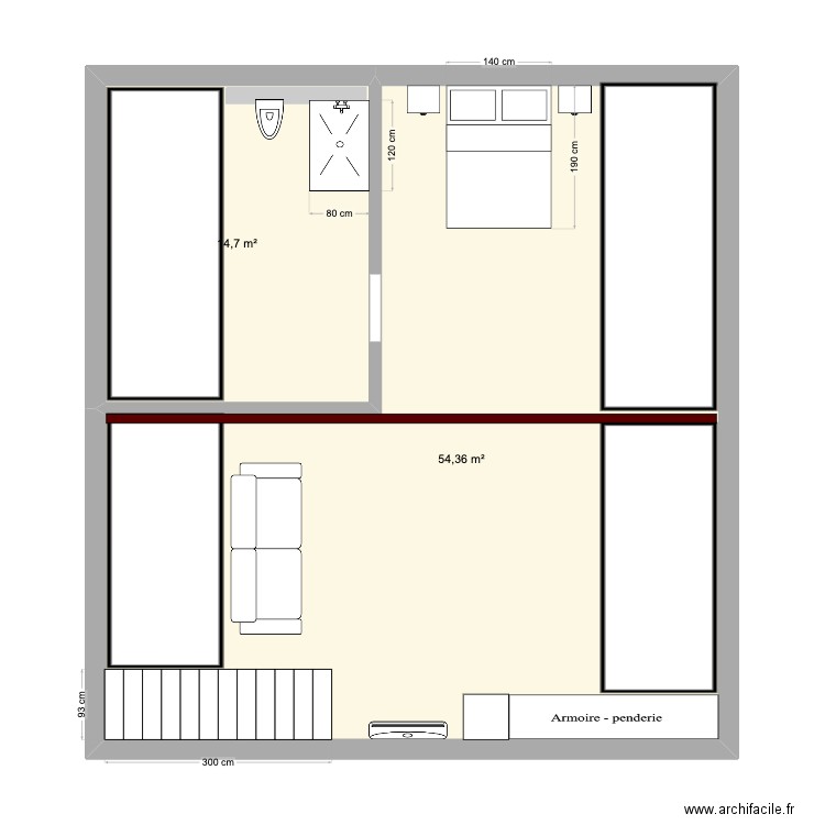 Combles. Plan de 2 pièces et 69 m2