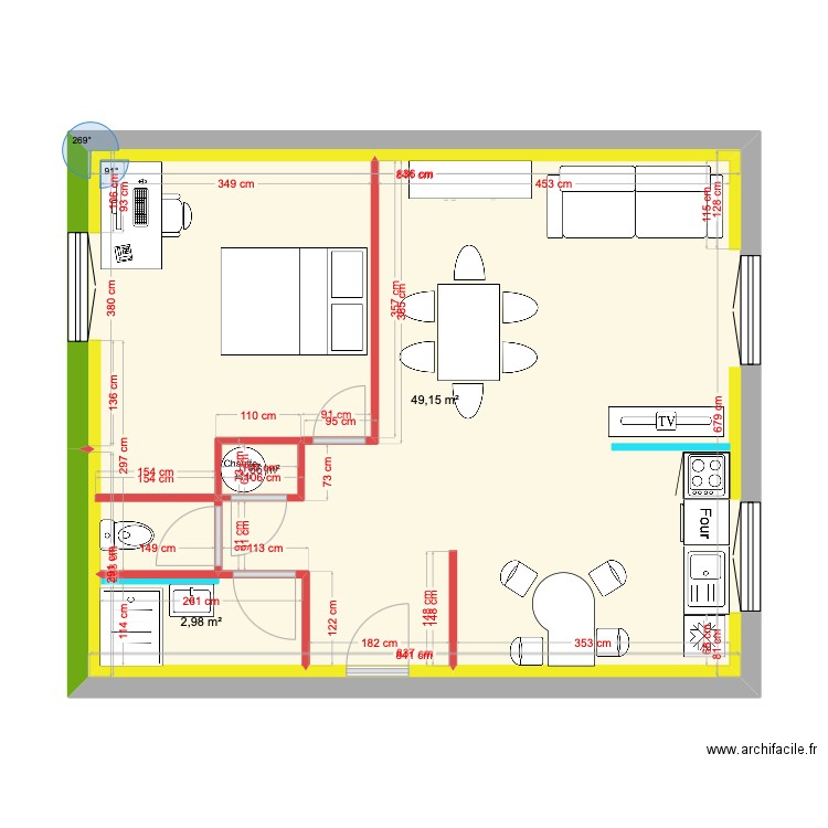 Appart guynemer ST GO. Plan de 3 pièces et 53 m2