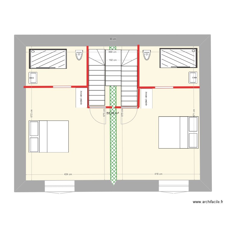 Plan étage avec un escalier central bifurqué sans garage. Plan de 1 pièce et 56 m2