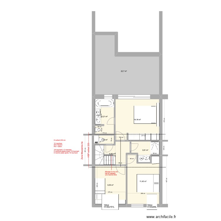 Banning 83 3e étage : Escalier vers 4e étage V2. Plan de 8 pièces et 73 m2