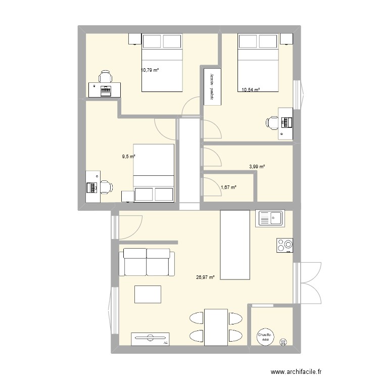 Appart avec ilot. Plan de 6 pièces et 63 m2