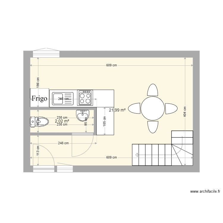 Grange rdc 2. Plan de 2 pièces et 24 m2