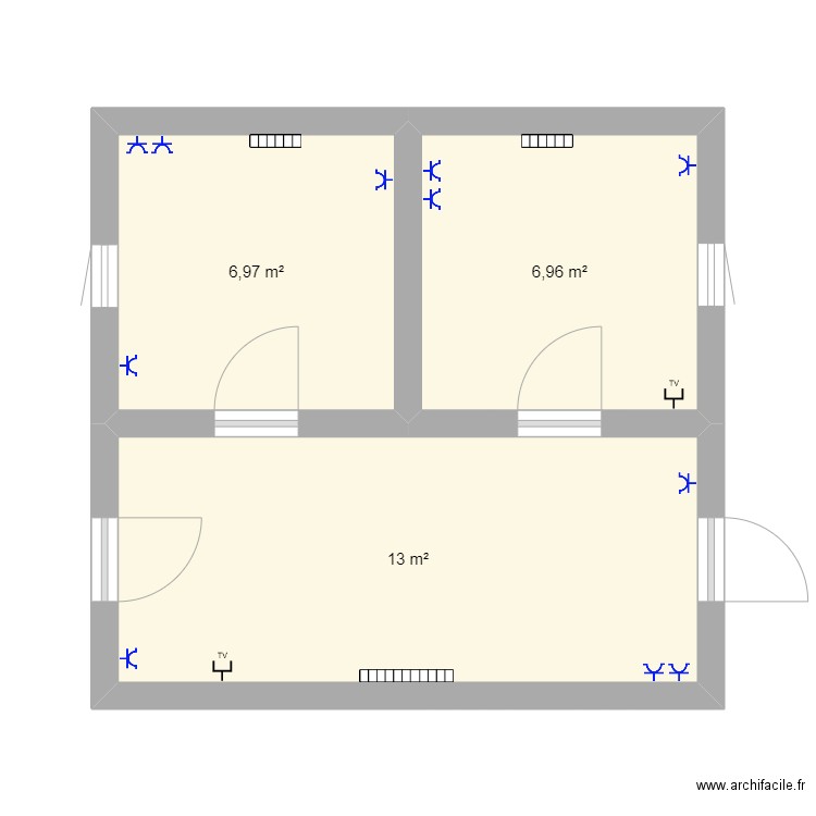 prise. Plan de 3 pièces et 27 m2