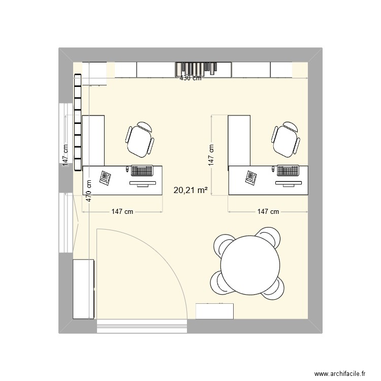 bureau coordo. Plan de 1 pièce et 20 m2